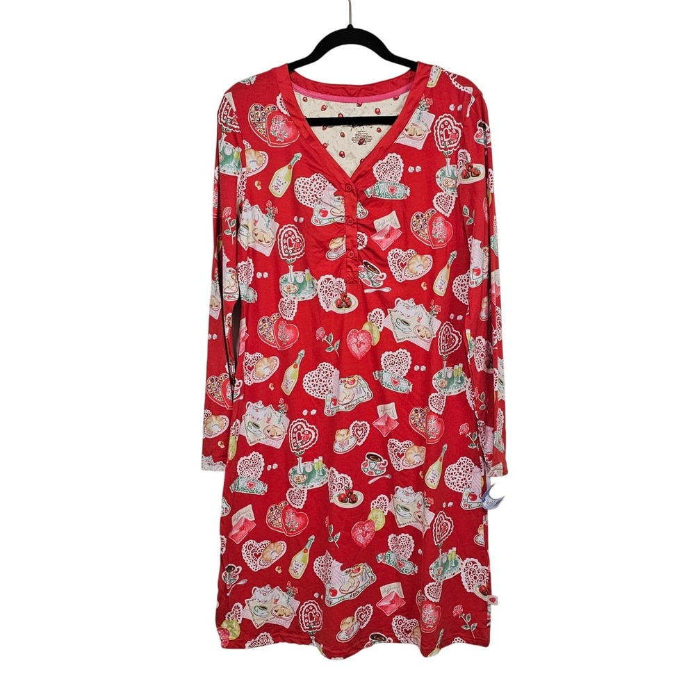 Nick & Nora Nightgown Large Red Valentines Heart Print Henley Sleepwear NWT